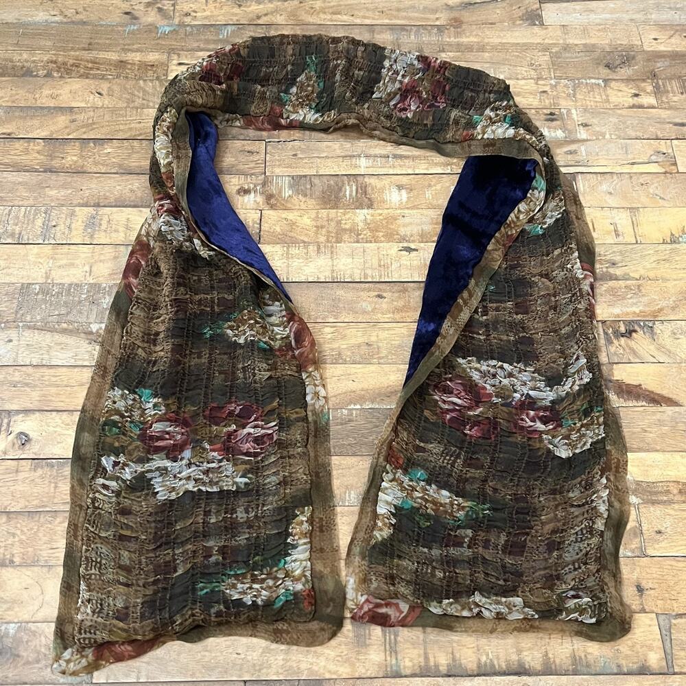 Coldwater Creek Rectangular Scarf Ruched Chiffon Floral Print Blue Velvet Lined
